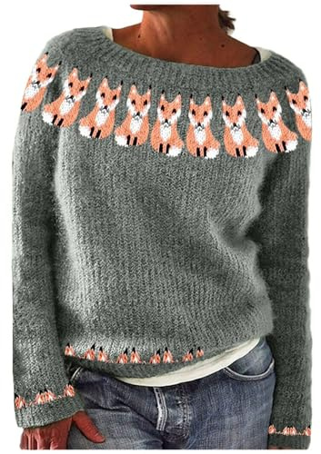 Norweger Pullover Damen Kaschmir Damenpullover Elegant Bunt Cashmere Strickpullover Rundhals Langarm Wollpullover GroßE GrößEn Bequem Weich Knit Sweater Pulli Warm Herbst Winter Drucken Jumper Outfit