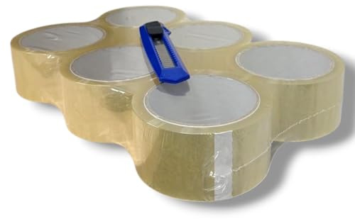 GMS – Pack 6 Rollos de Cinta de Embalar Transparente + Cutter | Precinto Adhesivo 48mm x 66m | Cinta de Embalaje Resistente para Paquetes, Cajas, Envíos y Mudanzas (6 Rollos Transparente + Cutter)