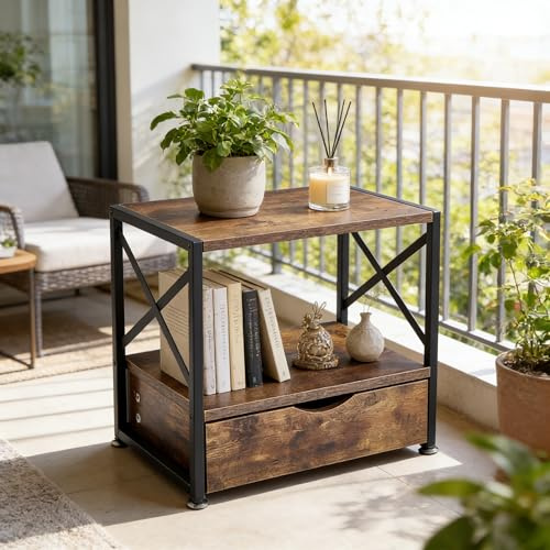 Panana 2 Tier Desktop Printer Stand Desk Organiser,Home Office Wooden Printer Table with Storage Drawer for Fax Machine,Scanner (Rustic Brown)