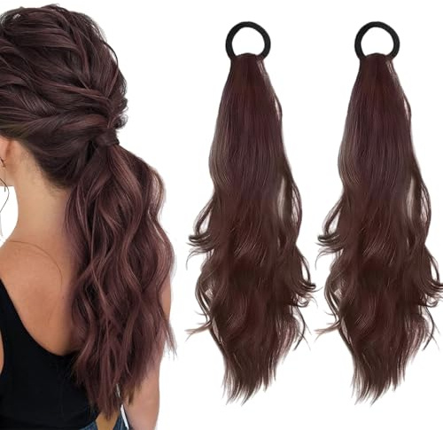 2 Stück Echthaar Zopf Haarverlängerung, Mikro Locken Pferdeschwanz Haarteil, Zopf Extension, Inklusive Elastischer Haargummis, Einfach zu Tragen,Geeignet für Alltagslooks, Dunkelbraun