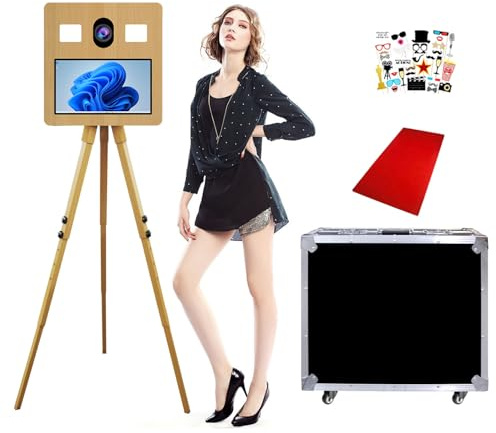 Bundle Tripod DSLR Photo Booth Machine mit 15,6 Zoll Touchscreen, Magic-Spiegel-Fotokabine für Selbstporträt mit Holznachbildung und Foto Box, App-Steuerung,Feiern (Wooden Imitation, 15.6Inch)