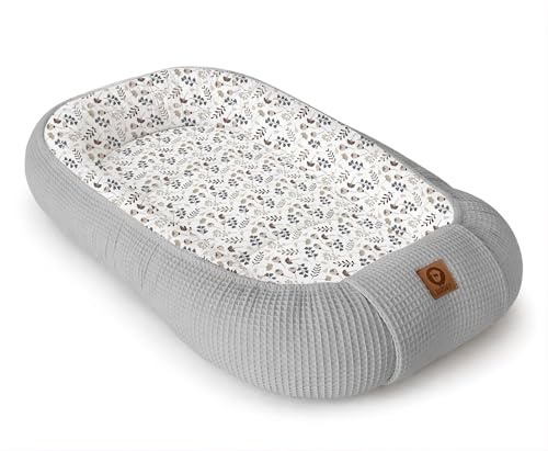 Babynestchen Neugeborene – Nestchen Baby aus Waffel Baumwolle & Baumwollstoff – Babynest für Babybett & Kinderbett – Baby Kokon Tragbar – OEKO-TEX zertifiziert – Zubehör für Babybett - Zweige und Grau