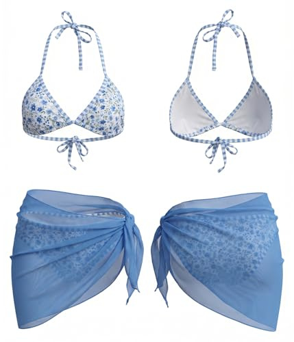 Novocloud Women's 3 Piece Bikini Sets with Skirt, Floral Halter Neck Triangle Swimwear Adjustable Thong Bikini Set Sexy Tie Bathing Suit for Beach Holiday Pool Party