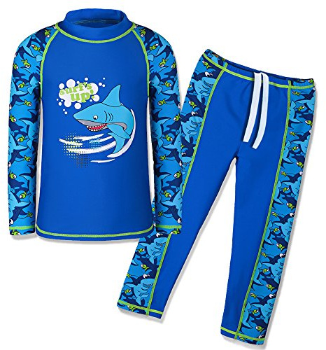 TFJH E Kids Boys Swimsuit UPF 50+ UV Sun Protective 2PCS Fish,Navy Long,7-8Y(Tag No.128/134)