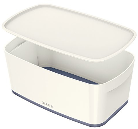 Leitz Small MyBox with Lid, Storage Box for Home and Office, High Gloss Plastic, 5 Litre, A5, White/Grey