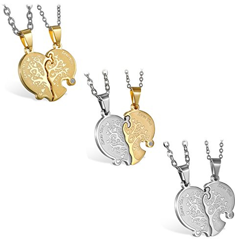JewelryWe Schmuck 2 Freundschaftsketten mit kostenloser Gravur, Edelstahl Herz Partner-Anhänger Halskette mit Gravur Love You Baum des Lebens, Paar Anhänger Kette für Damen Herren