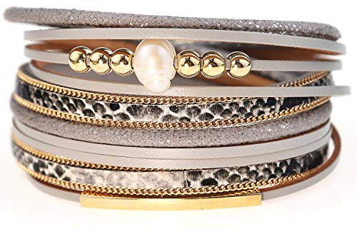 Suyi Lederarmband für Frauen Leopard Multilayer Wickelarmband Boho Geburtstagsgeschenk Leopard Gray