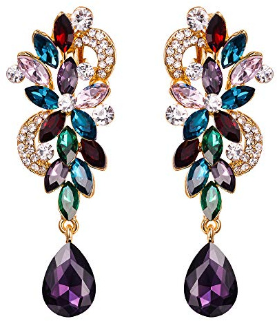 Clearine Damen Clip On Baumeln Ohrringe Bohemian Boho Kristall Blume Hochzeit Braut Kronleuchter Teardrop Ohrringe