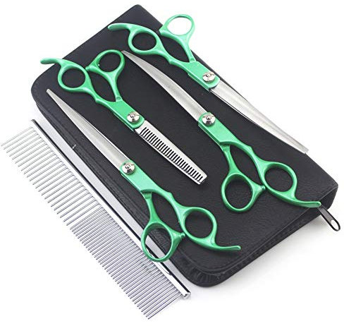 WYGC Hunde Haarscheren Set-Perfekte,Gerade,Gebogene Schere mit Kamm für die Pflege von Deshedding für Hunde und Katzen Grün