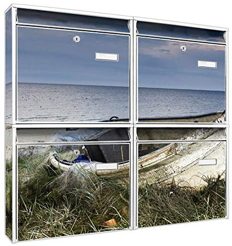 banjado Briefkastenanlage 4 Fach - Postkästen groß - verzinkter Stahl weiß DIN A4 Motiv Fischerboot - Briefkasten Set 4 Briefkästen Namensschild, 2 Schlüssel, Montagematerial