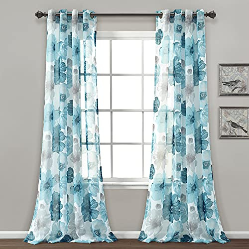 Frodig dekor Leah blommig genomskinlig fönstergardinpaneler, par, 132 cm B x 213 cm L, blå – blommiga gardiner – färgglada vårvattenblommor – genomskinliga gardiner för sovrum, vardagsrum och matsal