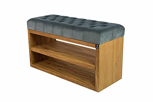 EMRA WOOD M-DEKO LPS-5 Polsterbank Schuhbank Chesterfield Gesteppt mit Ablage Bezug aus Velours Silbergrau Gestell aus Holz Nach Maß (Höhe 50cm Tiefe 35cm, 50)