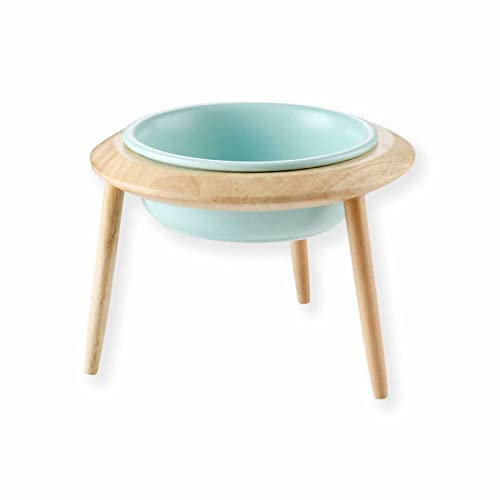 Monkimau Hundenapf Katzennapf aus Keramik mit Holzständer erhöht Futternapf Fressnapf (800ml, Blau)