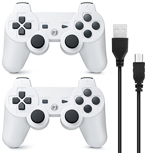 Powerextra Controller PS3 2 Pack Wireless Bluetooth PS3 Controller Wireless ad Alte Prestazioni per PlayStation 3 Console di Gioco per Console di Gioco Double Shock con Cavo di Ricarica (Bianco)