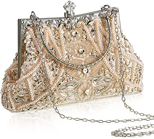 Amylove 1920s Accessories for Women Vintage Beaded Clutch Evening Bag Formal Rhinestone Flapper Purse for Wedding Party Gift(Beige gold)