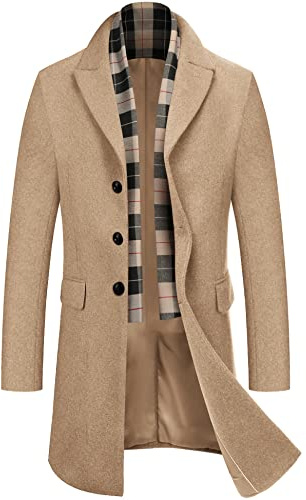 COOFANDY Men's Classic Lapel Collar Single Breasted Wool Pea Coat Thick Winter Beige Trench Coats with Pockets (Khaki M)