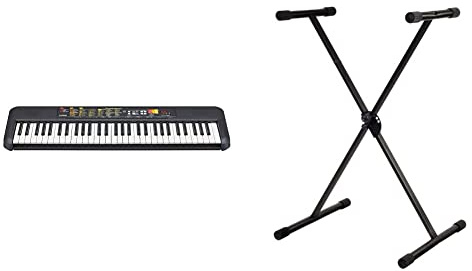 Yamaha PSR-F52 Teclado digital portátil y compacto con 61 teclas, 144 voces de instrumentos y 158 estilos de acompañamiento, color negro + GEWA F900520 Soporte de teclado, patas perfil simple