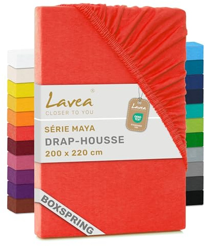 Lavea® Spannbettlaken 200x220cm - Karminrot | Maya, 100% Jersey Baumwolle, Boxspringbetten, Wasserbetten, mit Rundumgummi, atmungsaktives Bettlaken für Matratzen bis 35cm