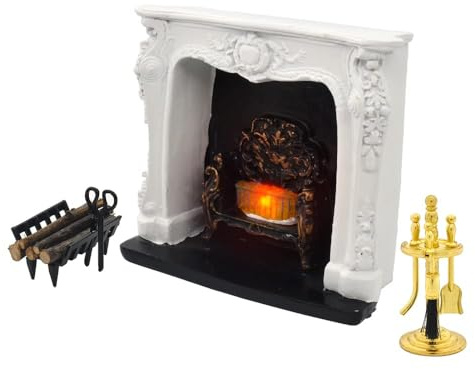 iLAND Dollhouse Furniture and Accessories of Dollhouse Fireplace on 1/12 Scale w/Fire Light & Fireplace Tools & Tong & Firewood Rack (Rococo 4pcs)