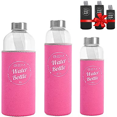 BEM Water Bottle-Set: Trinkflaschen in 3 Größen aus Borosilikatglas mit Hüllen-Sets (schwarz+pink) 500ml, 700ml, 1L