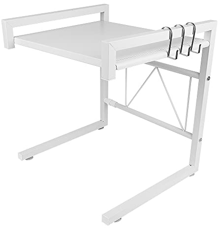Étagère Extensible Gain de Place pour Four à Micro-Ondes, Etagère Micro-Ondes en Métal avec 3 Crochets de Rangement (40-65cm x 36,5cm x 42cm) (Blanc)