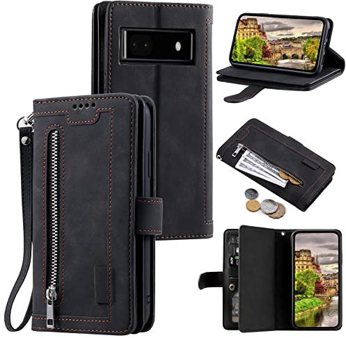 EYZUTAK Handyhülle für Google Pixel 6A Hülle,Flip Case Lederhülle Reißverschluss Magnetverschluss Brieftasche mit 9 Kartenfächern Standfuntion Retro Matt Ledertasche für Google 6a-Schwarz