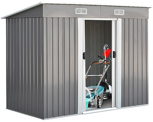 COSTWAY Casetta da Giardino Porta Attrezzi in Lamiera Acciaio Zincato, con Sfoghi, Ante Scorrevoli e Maniglie, Capanno da Esterno per Cortile, Giardino e Fattoria, 238 x 131 x 181 cm