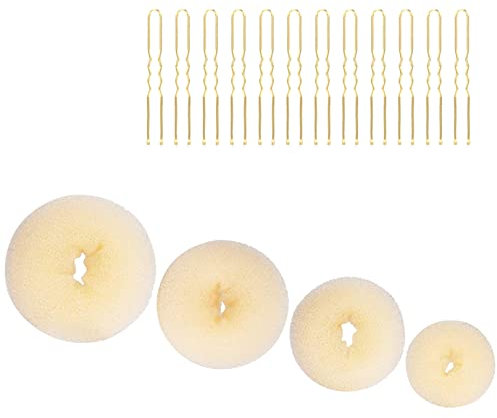 4pcs Hair Donut Hair Bun Shaper Set,4 Sizes Beige Donut Bun Maker With 12 Golden Bobby Pins,Hair Donut Bun Ring,Easy Bun Maker for Hair,Blonde Doughnut Bun Hair Accessories Buns Shaper
