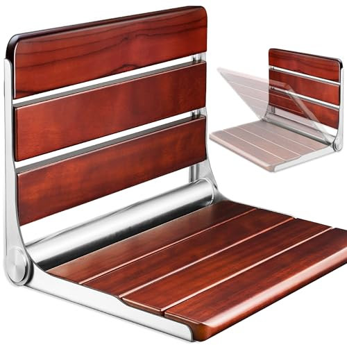 Upgrade Teak Shower Seat - Folding Shower Bench Wall Mounted, Teak Shower Seat Bench for Inside Shower, Wall Mount Shower Seat Bench Chair Shower Stool, Maximum Load 440lb
