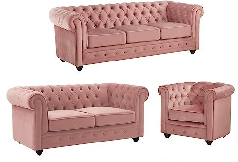 Vente-unique - Divano 3 posti+ Divano 2 posti + Poltrona Chesterfield - velluto - rosa