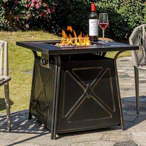 OutVue 71,1 cm Propangas-Feuerstelle, Gas-Feuerstellentisch für draußen, 50.000 BTU Propangas-Feuerstelle mit Deckel und Lavasteinen, Gas-Feuerstelle für Garten, Hof (schwarz)