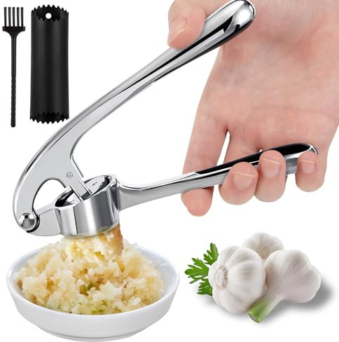 Prensa Ajos, Picador Machacador De Ajos Prensa De Ajos De Cocina Con Pelador De Silicona Y Cepillo De Limpieza Fácil De Limpiar Duradero Para Ajo Y Jengibre Extraer Más Pasta De Ajo Plata