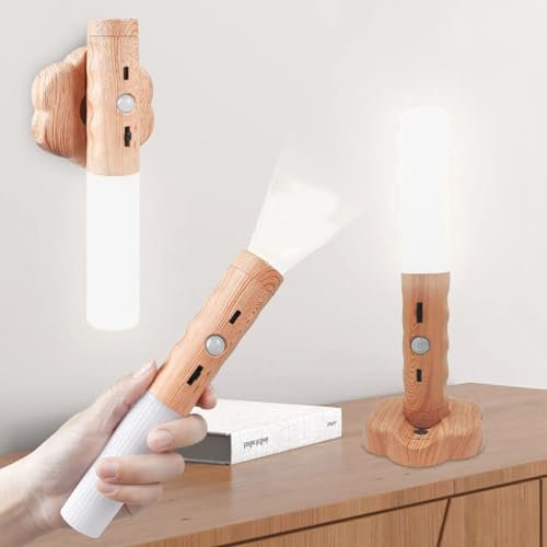 EOEO Holz Akku Wandleuchte mit Bewegungsmelder Kabellos LED Innen Wandlampe USB Aufladbar Bettlampe Tischlampe Magnetische Tragbare Nachtlichte für Schlafzimmer, Flur,White light