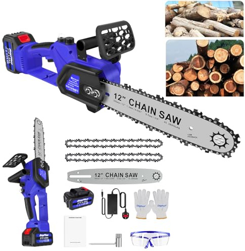 Upgraded 12inch Cordless Electric Chainsaw with Rechargeable Chainsaw & Quick Charger, 10m/s Chain Speed Battery Chainsaw Brushless Chainsaw with Safety Button, Oiler System for Household, Courtyard