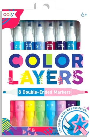Ooly Pennarelli bifacciali a strati colorati – Set di 8 pennarelli colorati, 16 colori con punta a scalpello e punta su ogni pennarello per bambini, pennarelli a doppia estremità per forniture