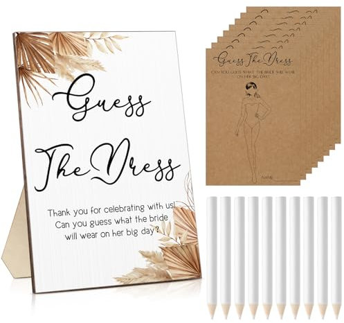 Seajan Holzschild mit Aufschrift Guess The Dress, Brautparty, Spiele, Tischschild, 50 kleine Ratekarten, 50 Bleistifte für Gäste, Hochzeit, Junggesellinnenabschied, Partyzubehör (Boho)