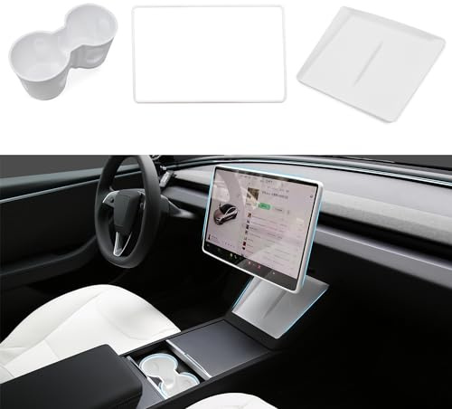TOPABYTE 3PCS Console Centrale Accessoires pour Tesla Model Y Juniper Model 3 Highland 2025 2024 Insert de Porte-gobelet, Cadre de Protection de Bord D'écran, Tapis en Silicone, Blanc