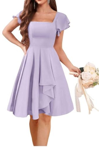 WSEYU V Neck Homecoming Dresses Short Sleeves Bridesmaid Dresses Chiffon Graduation Cocktail Party Gown Lilac UK6