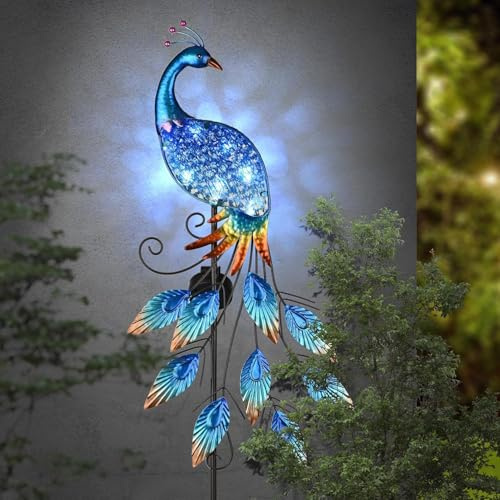 TERESA'S COLLECTIONS Gartendeko für Draußen, Solarlampe für Außen, Pfau Gartenleuchte Metall wasserdichte Wegeleuchte für Terrasse,Hof,Blau, Geschenk für Frauen/Mama/Papa, 99cm(M)
