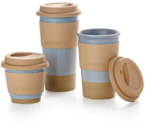 Nucookery Ceramic Travel Coffee Mug Set, Coffee Tumbler with Silicone Lid and Non-Slip Sleeve, Unique To Go Mug, Gifts for Women & Men, Microwave Safe Cappuccino, Tea, Latte, Iced-Coffee Cups, Blue