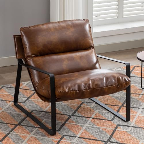 Ya-Home Sessel Wohnzimmer Lesesessel mit Armlehnen moderner Loungesessel mit Metallgestell,Kunstleder, Braun
