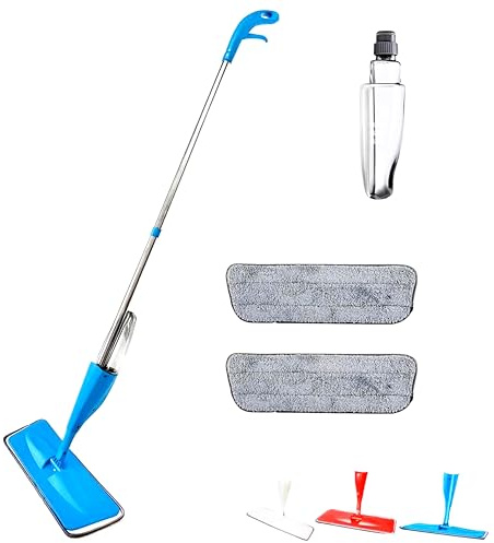 Sprühwischer – Bodenwischer mit Sprühfunktion & Nachfüllbarem Wassertank – 360° Drehbarer Wischmopp für Laminat, Fliesen & Parkett – Mit 2 Waschbaren Mikrofaserpads (Blau)