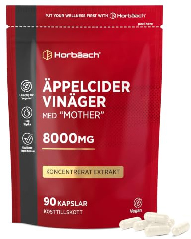 Äppelcidervinäger 8000mg | Med Moder | Hög Dos 90 Veganska Kapslar | Apple Cider Vinegar Extrakt Kosttillskott | av Horbaach