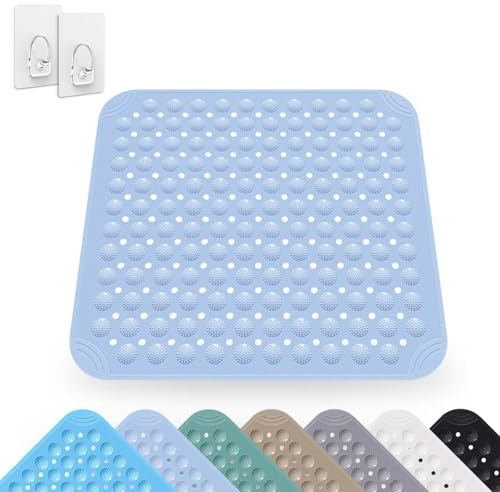 Tappetino Doccia, 48 x 48 cm Quadrato Tappetino Antiscivolo, Tappetino da Bagno Antiscivolo in PVC, Tappeto Doccia Antiscivolo con Fori di Drenaggio, per Lavabile in Lavatrice Tappetino Vasca(Azzurro)