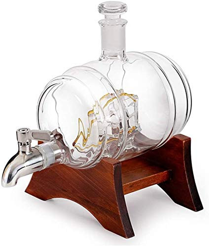 ZMJGLL Decantador de Whisky, Juego de decantador de Whisky Marco de Madera con Grifo Recipiente de Botella de Vidrio en Forma de Barril de Vino 1000 ml con 2 Vasos de Vidrio