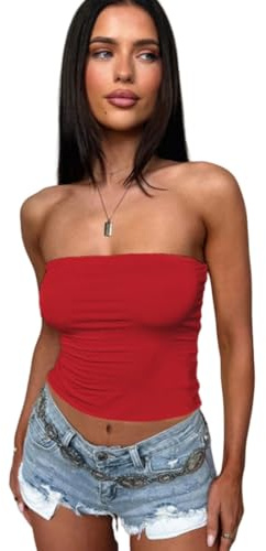 Sukiglam Women's Tube Tops Sexy Strapless Bandeau Top Basic Sleeveless Vest Tops Ladies Y2K Crop Tank Top Slim Fit Backless Summer Clothes Casual Going Out Outfits Streetwear Red