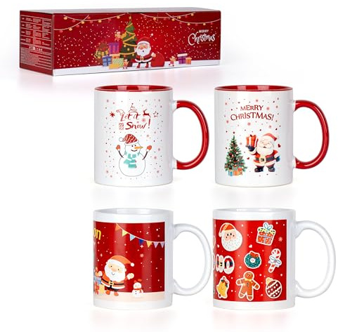 Beyinli Juego de 4 vasos de Navidad, tazas de café navideñas, vasos de Navidad, vasos de té, tazas de café, decoración navideña, juego de tazas de cerámica festivas de invierno (rojo y blanco)