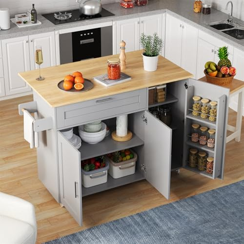 OLIVIBED Kücheninsel mit Arbeitsplatte Klappbar, Küchentisch 3 Türen und 2 Schublade, Küchenwagen mit 5 Rollen, Kitchen Island für Küche und Esszimmer, Eiche Maserung, 132.5x44(70) x90cm, Grau
