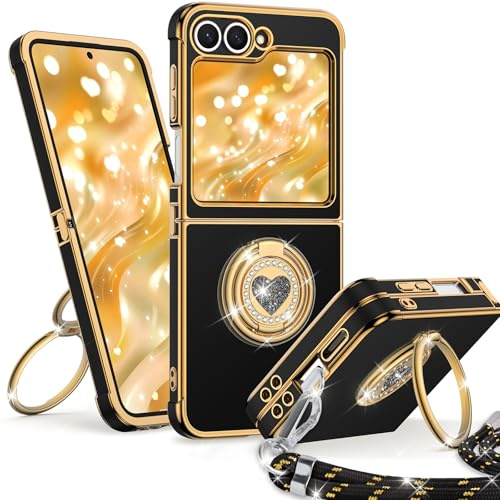 Unlicaku for Samsung Galaxy Z Flip 6 / Z Flip 5 / Z Flip 7 FE Case, Double Heart Ring Phone Case with Stand & Lanyard, Women Girls Luxury Glitter Protective Cover For Galaxy Z Flip 6/5 / 7 FE, Black