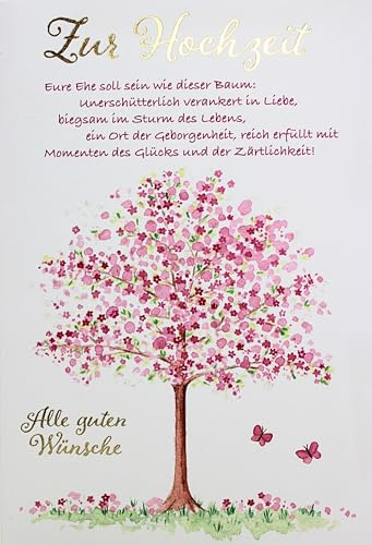 Edle Hochzeitskarte B6 mit Baum der Ehe Motiv und Schmetterlingen inkl. goldfarbenden Umschlag Klappkarte zur Hochzeit mit Spruch alle guten Wünsche Innenseite weiss für Glückwünsche